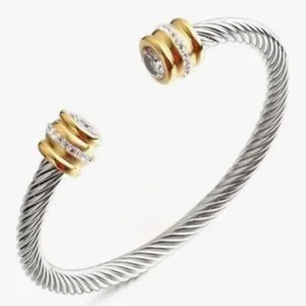 Sculptural Cable Cuff Bracelet Two-Tone Gold & Silver Crystal Torque Bangle